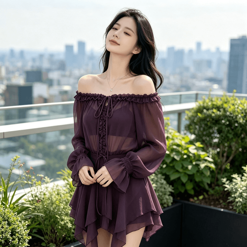 로얄 자매 고유 한 아름다운 비스듬한 어깨 보라색 꼬집기 허리 미니 스커트 프랑스식 부드러운 바람 슈퍼 잘 생긴 드레스 2026 년 가을