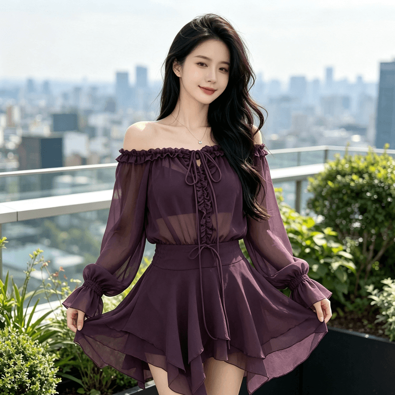 로얄 자매 고유 한 아름다운 비스듬한 어깨 보라색 꼬집기 허리 미니 스커트 프랑스식 부드러운 바람 슈퍼 잘 생긴 드레스 2026 년 가을 상세 이미지 5