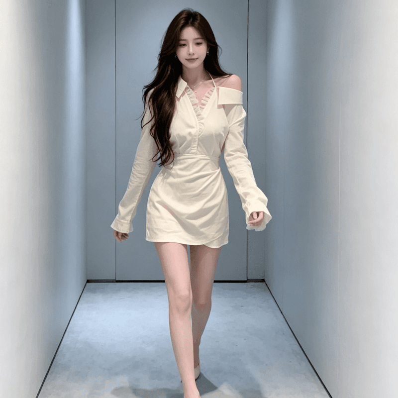 프랑스식 품격 순수한 욕망 작은 심장 기계 오프숄더 체크 스커트 여성 이른 가을 레이스 조각 긴팔 허리 수축 셔츠 드레스 이미지 2