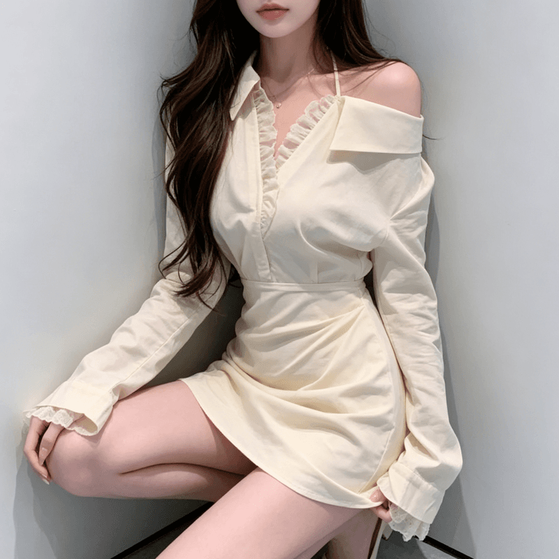 프랑스식 품격 순수한 욕망 작은 심장 기계 오프숄더 체크 스커트 여성 이른 가을 레이스 조각 긴팔 허리 수축 셔츠 드레스 상세 이미지 7