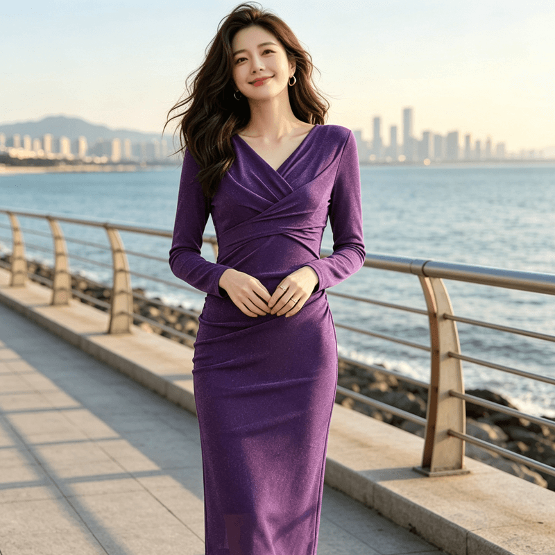 봄 가을 2026 년 새로운 긴팔 망사 V넥 타이트 스커트 길다 치마 무릎 아래 허리 수축 슬림해 보이는 드레스 여성 의류 상세 이미지 3