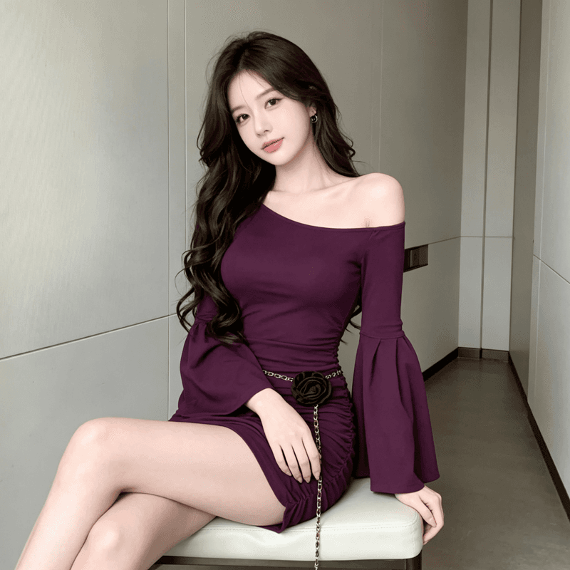 새로운 순수한 욕망 바람 보라색 비스듬한 어깨 나팔 소매 주름 여성 드레스 가을 겨울철 타이트 허리 수축 긴팔 타이트 스커트 상세 이미지 3