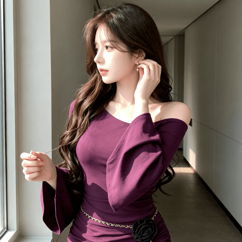 새로운 순수한 욕망 바람 보라색 비스듬한 어깨 나팔 소매 주름 여성 드레스 가을 겨울철 타이트 허리 수축 긴팔 타이트 스커트 상세 이미지 4