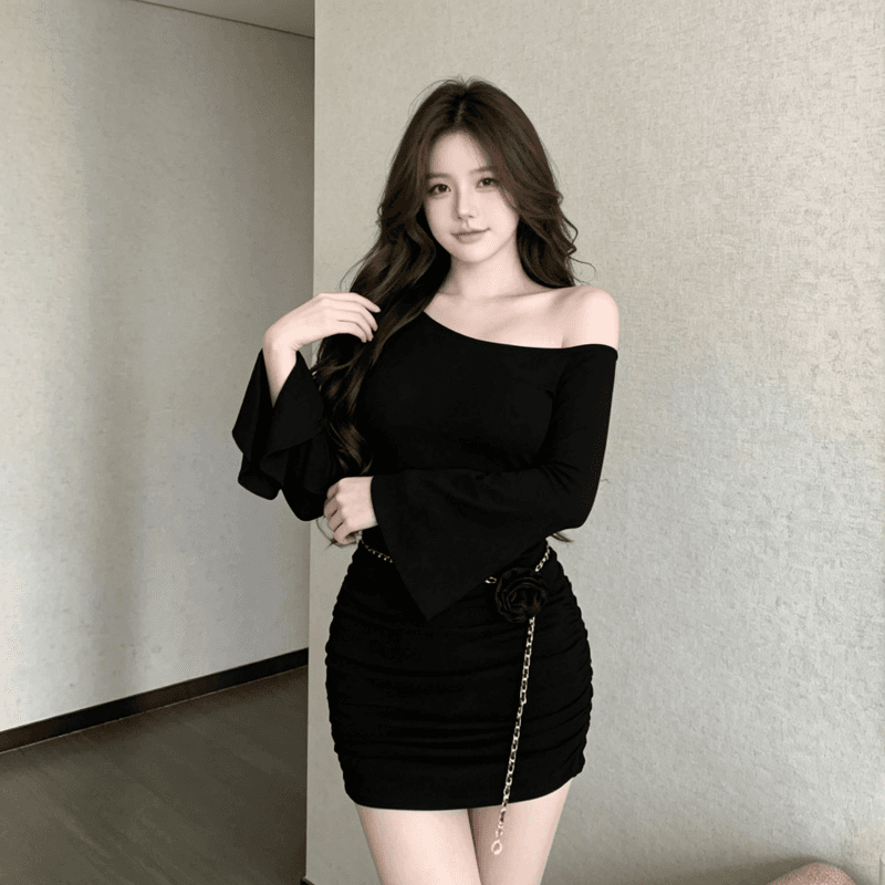 새로운 순수한 욕망 바람 보라색 비스듬한 어깨 나팔 소매 주름 여성 드레스 가을 겨울철 타이트 허리 수축 긴팔 타이트 스커트 상세 이미지 6