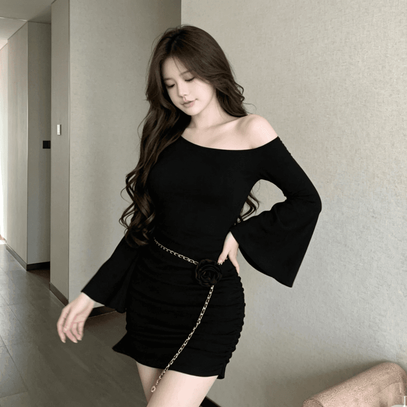 새로운 순수한 욕망 바람 보라색 비스듬한 어깨 나팔 소매 주름 여성 드레스 가을 겨울철 타이트 허리 수축 긴팔 타이트 스커트 상세 이미지 8