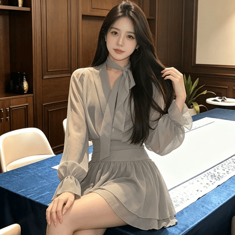 순수한 욕망 섹시함 V넥 리본 긴팔 드레스 가을 겨울철 새로운 디자인 센스 허리 수축 슬림해 보이는 쉬폰 한 마디 미니 스커트 상세 이미지 1