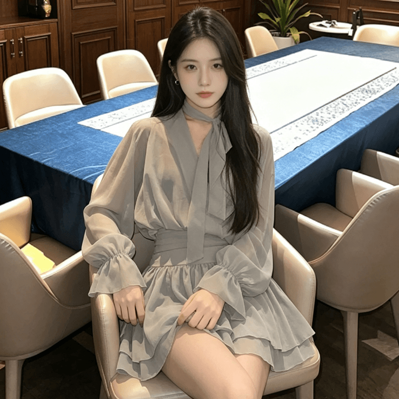 순수한 욕망 섹시함 V넥 리본 긴팔 드레스 가을 겨울철 새로운 디자인 센스 허리 수축 슬림해 보이는 쉬폰 한 마디 미니 스커트 상세 이미지 11