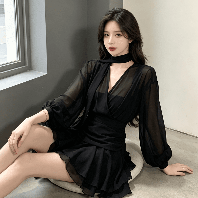 순수한 욕망 섹시함 V넥 리본 긴팔 드레스 가을 겨울철 새로운 디자인 센스 허리 수축 슬림해 보이는 쉬폰 한 마디 미니 스커트 상세 이미지 17