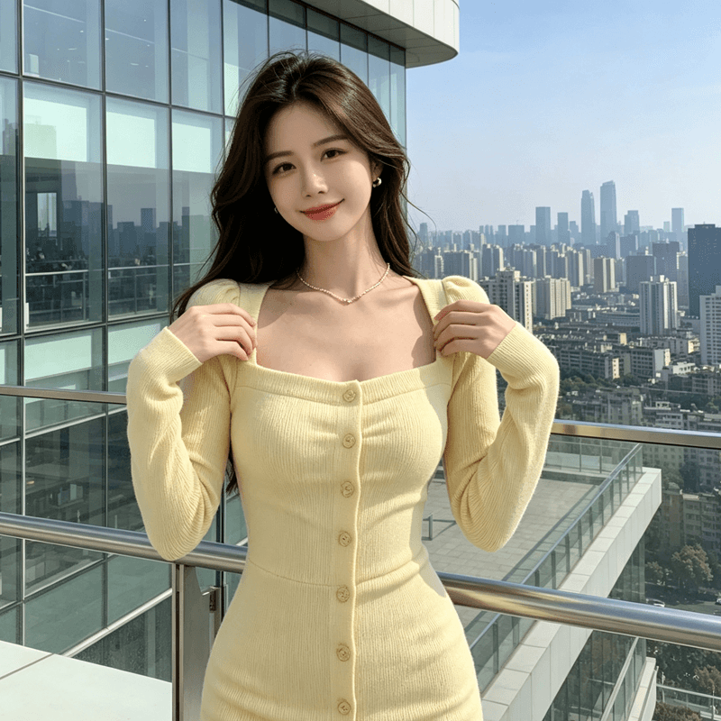품격 명문 여성 황색 광장 칼라 긴팔 여성 드레스 봄 가을 고급 센스 몸매 가꾸기 슬림해 보이는 타이트 스커트 짧은 치마 트렌디 상세 이미지 3