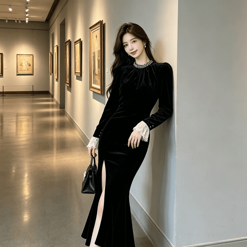 프랑스식 작은 샤넬 스타일 검정색 벨벳 여성 드레스 2026 가을 새로운 작은 대중 디자인 센스 슬림해 보이는 연회 롱 스커트 상세 이미지 3