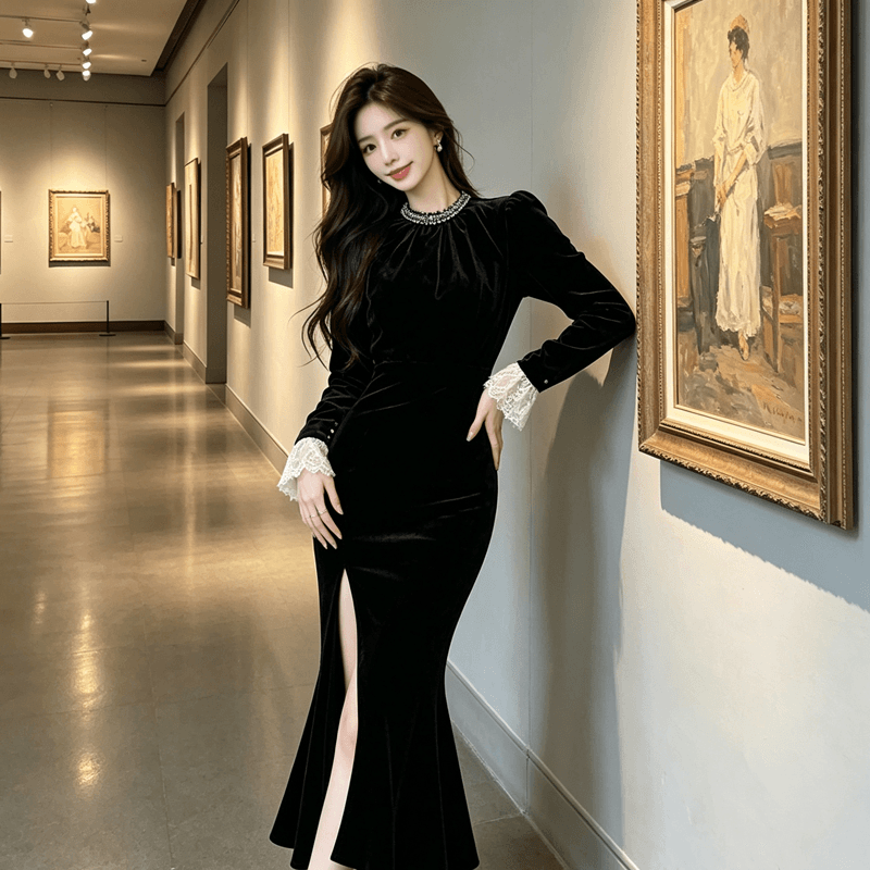프랑스식 작은 샤넬 스타일 검정색 벨벳 여성 드레스 2026 가을 새로운 작은 대중 디자인 센스 슬림해 보이는 연회 롱 스커트 상세 이미지 5