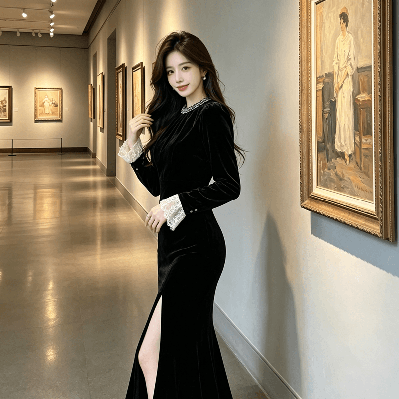 프랑스식 작은 샤넬 스타일 검정색 벨벳 여성 드레스 2026 가을 새로운 작은 대중 디자인 센스 슬림해 보이는 연회 롱 스커트 상세 이미지 8