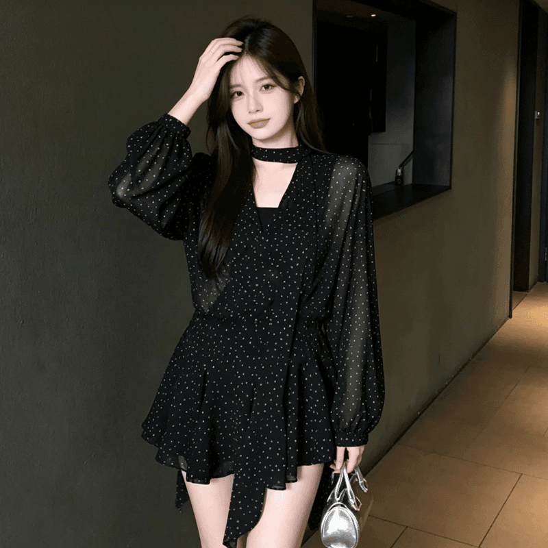 가을 빅 사이즈 지방 mm 디자인 센스 Chic 허리 수축 한 마디 미니 스커트 프랑스식 도트 무늬 V넥 긴팔 쉬폰 여성 드레스 이미지 3