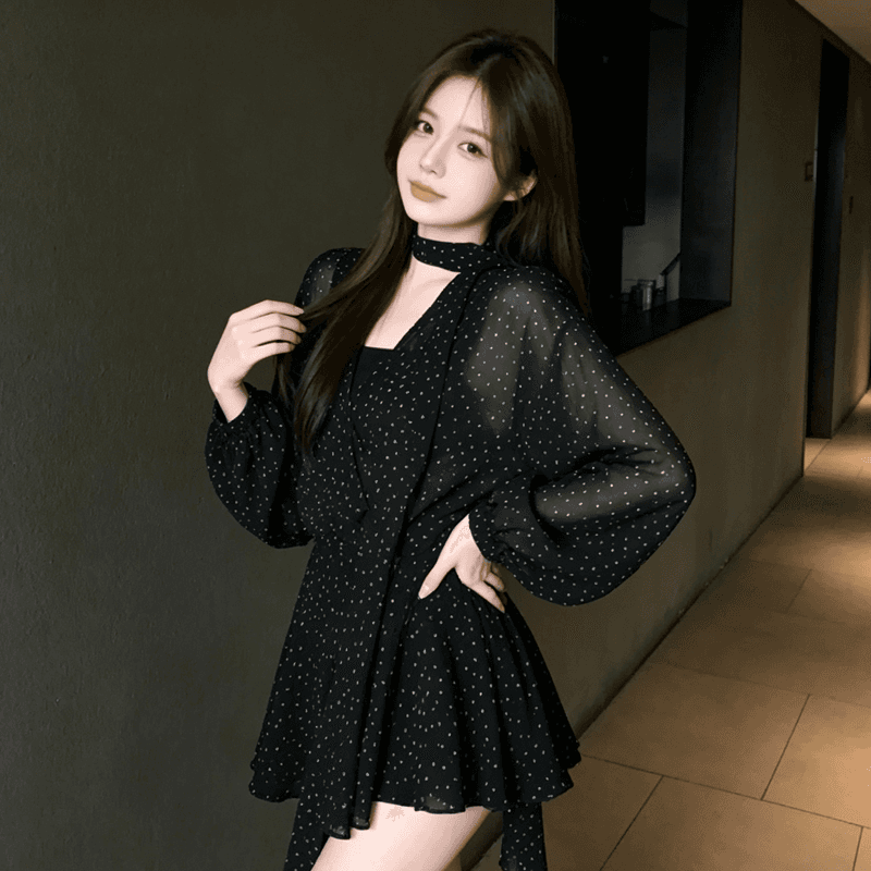 가을 빅 사이즈 지방 mm 디자인 센스 Chic 허리 수축 한 마디 미니 스커트 프랑스식 도트 무늬 V넥 긴팔 쉬폰 여성 드레스