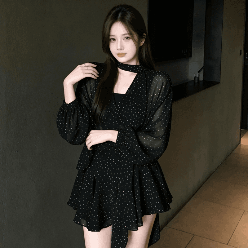 가을 빅 사이즈 지방 mm 디자인 센스 Chic 허리 수축 한 마디 미니 스커트 프랑스식 도트 무늬 V넥 긴팔 쉬폰 여성 드레스 상세 이미지 3