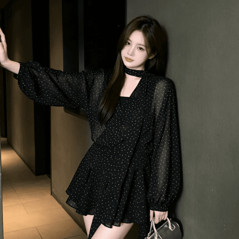 가을 빅 사이즈 지방 mm 디자인 센스 Chic 허리 수축 한 마디 미니 스커트 프랑스식 도트 무늬 V넥 긴팔 쉬폰 여성 드레스 상세 이미지 4