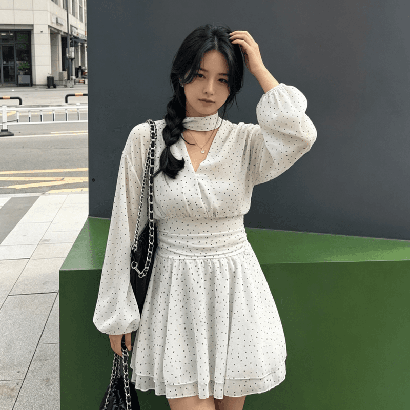 가을 빅 사이즈 지방 mm 디자인 센스 Chic 허리 수축 한 마디 미니 스커트 프랑스식 도트 무늬 V넥 긴팔 쉬폰 여성 드레스 상세 이미지 8