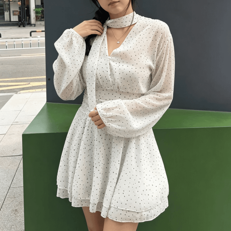 가을 빅 사이즈 지방 mm 디자인 센스 Chic 허리 수축 한 마디 미니 스커트 프랑스식 도트 무늬 V넥 긴팔 쉬폰 여성 드레스 상세 이미지 9