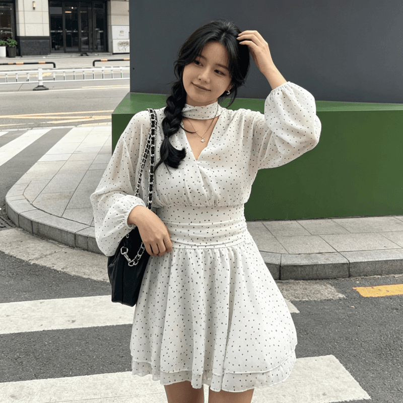 가을 빅 사이즈 지방 mm 디자인 센스 Chic 허리 수축 한 마디 미니 스커트 프랑스식 도트 무늬 V넥 긴팔 쉬폰 여성 드레스 상세 이미지 10