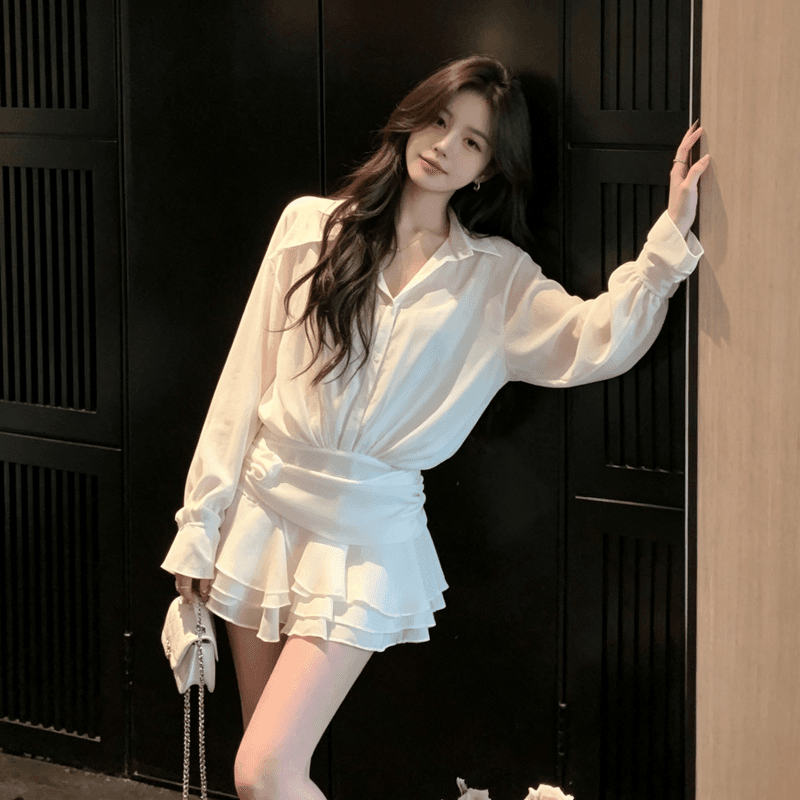 2026 새로운 작은 키 프랑스식 품격 페이크 레이어드 긴팔 셔츠 화이트 드레스 아이들 조기 가을 미니 스커트 이미지 3