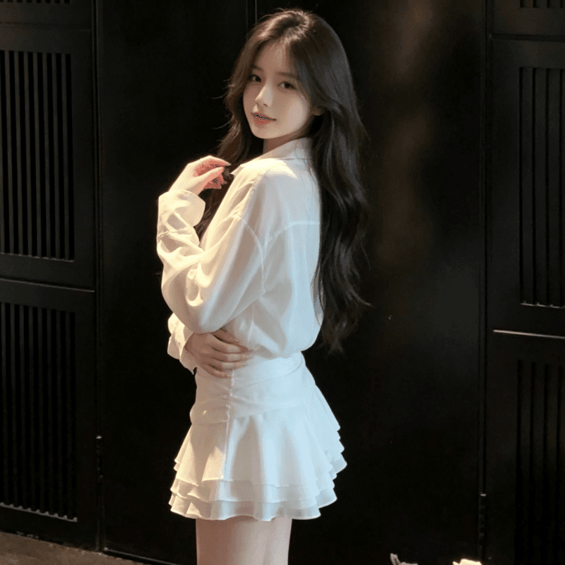 2026 새로운 작은 키 프랑스식 품격 페이크 레이어드 긴팔 셔츠 화이트 드레스 아이들 조기 가을 미니 스커트 상세 이미지 1