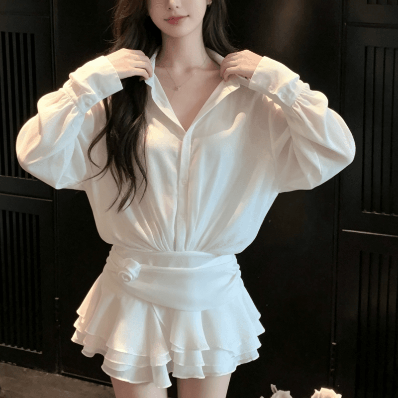 2026 새로운 작은 키 프랑스식 품격 페이크 레이어드 긴팔 셔츠 화이트 드레스 아이들 조기 가을 미니 스커트 상세 이미지 4