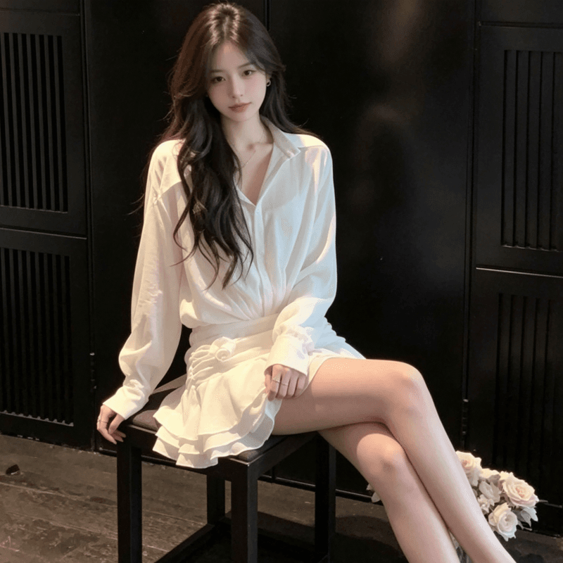 2026 새로운 작은 키 프랑스식 품격 페이크 레이어드 긴팔 셔츠 화이트 드레스 아이들 조기 가을 미니 스커트 상세 이미지 5