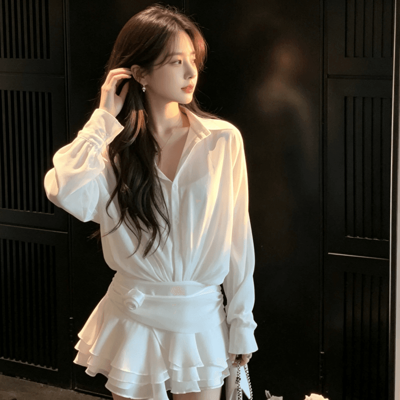 2026 새로운 작은 키 프랑스식 품격 페이크 레이어드 긴팔 셔츠 화이트 드레스 아이들 조기 가을 미니 스커트 상세 이미지 7