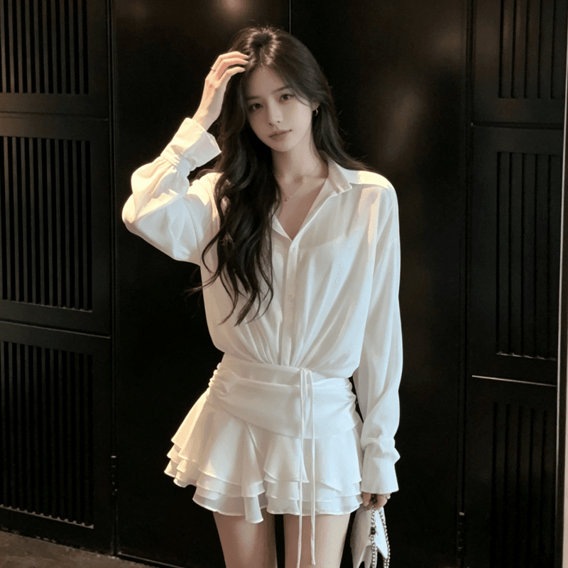 2026 새로운 작은 키 프랑스식 품격 페이크 레이어드 긴팔 셔츠 화이트 드레스 아이들 조기 가을 미니 스커트 상세 이미지 10