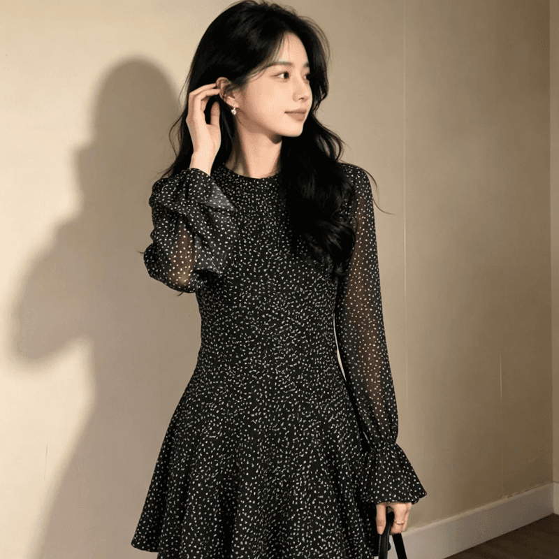 빅 사이즈 지방 mm 한국 스타일 부드러운 품격 출퇴근 미니멀리즘 나팔 소매 프릴 도트 무늬 미니 스커트 긴팔 점프 슈트 치마 상세 이미지 6