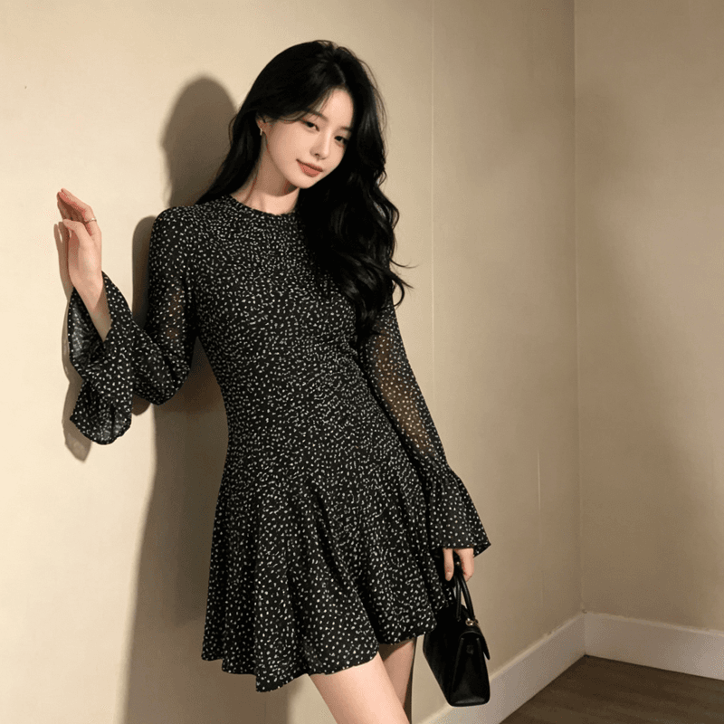 빅 사이즈 지방 mm 한국 스타일 부드러운 품격 출퇴근 미니멀리즘 나팔 소매 프릴 도트 무늬 미니 스커트 긴팔 점프 슈트 치마 상세 이미지 11
