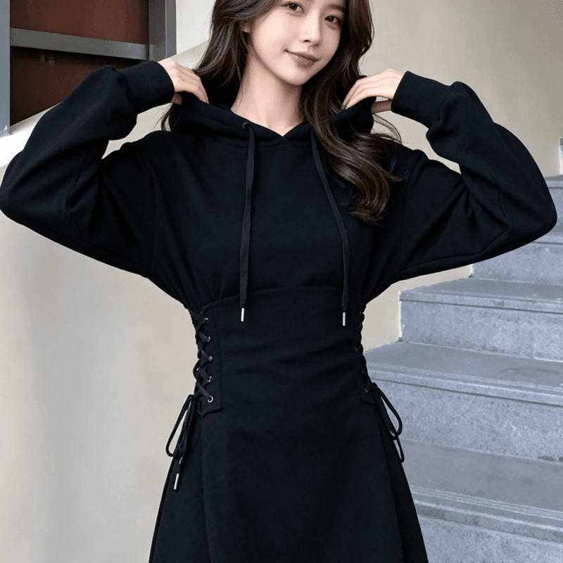 2026 작은 키 봄 가을 새로운 프랑스식 소녀 레트로 품격 바지 스커트 프랑스 작은 대중 후드티 드레스 이미지 4