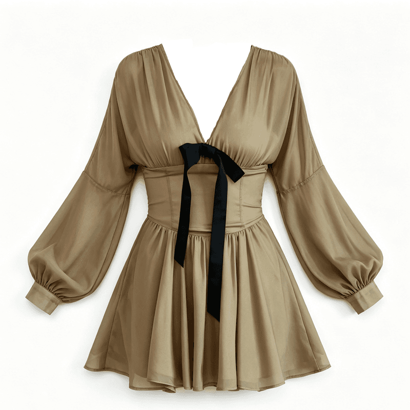 빅 사이즈 지방 mm 섹시함 순수한 욕망 바람 나비 매듭 V넥 긴팔 드레스 가을 새로운 고급 센스 품격 롱 스커트 이미지 5