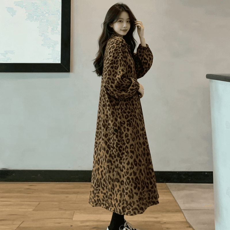2026 새로운 가을 겨울 유럽과 미국 지방 mm 빅 사이즈 루즈핏 레오파드 무늬 바람막이 여성 무릎 아래 폴로 칼라 지퍼 롱 코트 얇은 코트 이미지 4