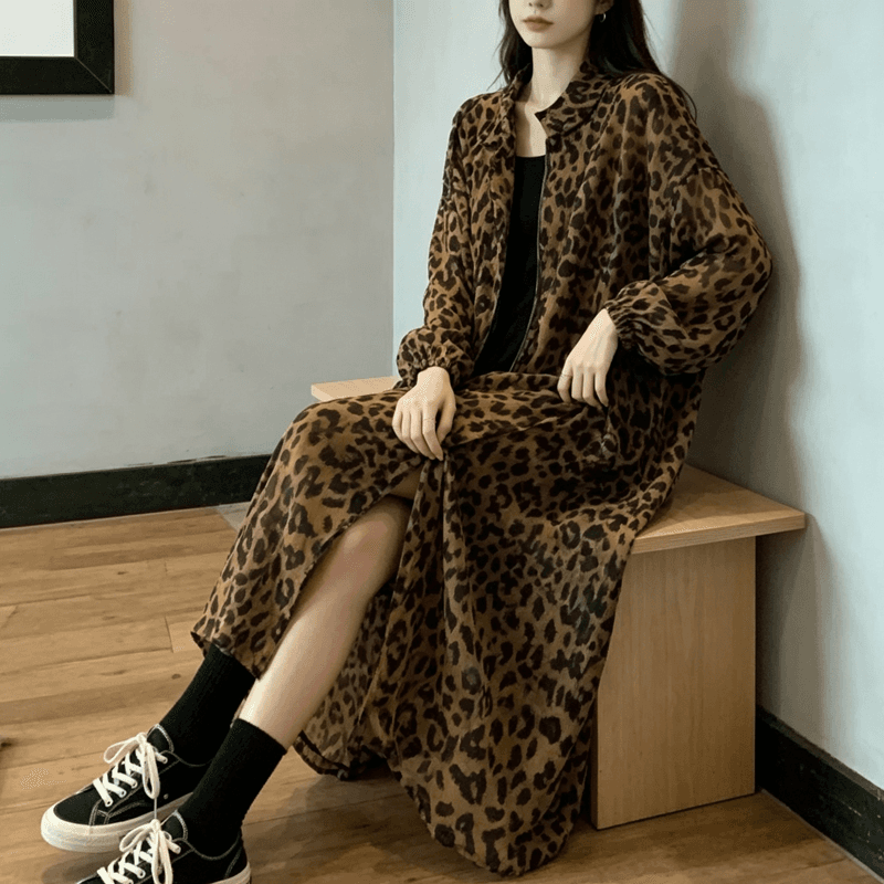 2026 새로운 가을 겨울 유럽과 미국 지방 mm 빅 사이즈 루즈핏 레오파드 무늬 바람막이 여성 무릎 아래 폴로 칼라 지퍼 롱 코트 얇은 코트 이미지 3