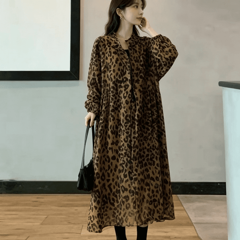 2026 새로운 가을 겨울 유럽과 미국 지방 mm 빅 사이즈 루즈핏 레오파드 무늬 바람막이 여성 무릎 아래 폴로 칼라 지퍼 롱 코트 얇은 코트 상세 이미지 5
