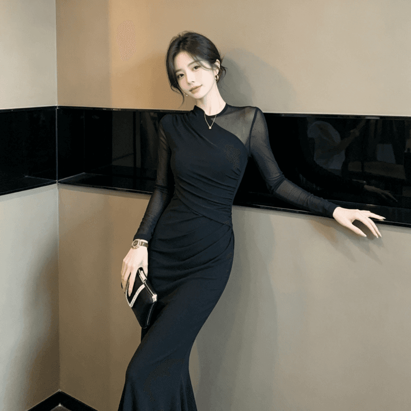 유럽 역 검정색 드레스 가을 겨울 여성 의류 로얄 자매 바람 고급 센스 망사 패치워크 몸매 가꾸기 타이트 스커트 인어 꼬리 롱 스커트 이미지 3