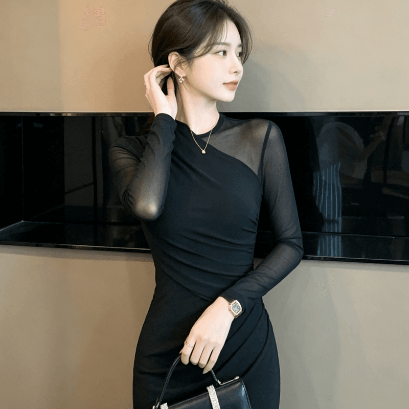 유럽 역 검정색 드레스 가을 겨울 여성 의류 로얄 자매 바람 고급 센스 망사 패치워크 몸매 가꾸기 타이트 스커트 인어 꼬리 롱 스커트 상세 이미지 7