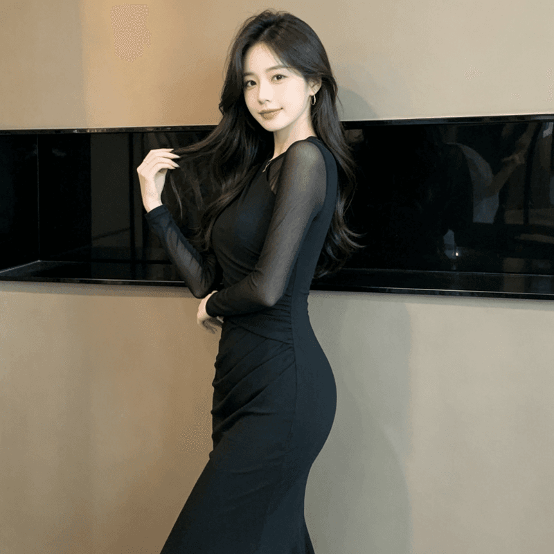 유럽 역 검정색 드레스 가을 겨울 여성 의류 로얄 자매 바람 고급 센스 망사 패치워크 몸매 가꾸기 타이트 스커트 인어 꼬리 롱 스커트 상세 이미지 10