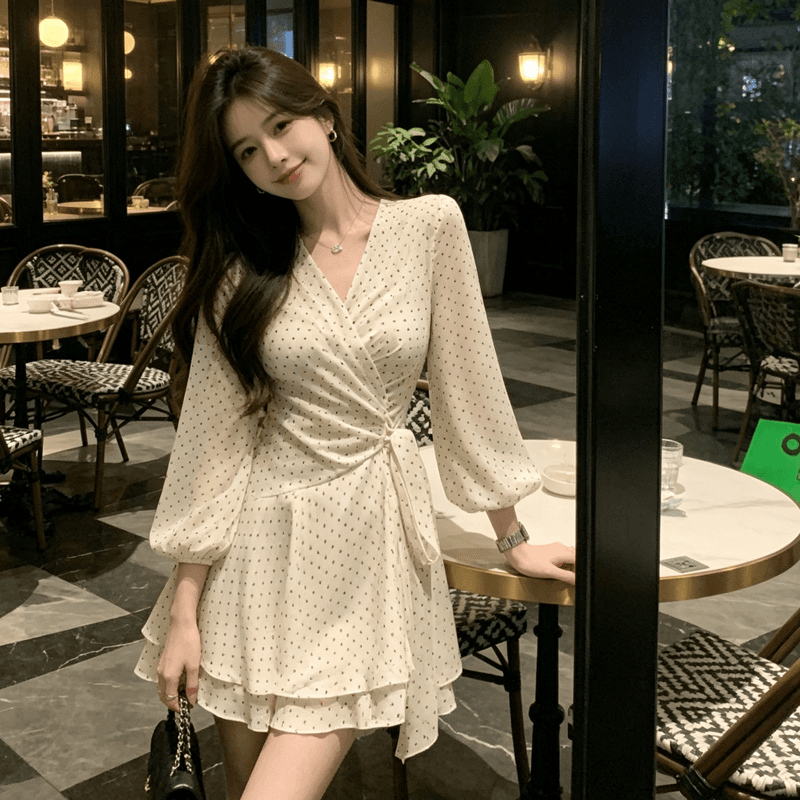 프랑스식 부드러운 바람 도트 무늬 드레스 아이들 가을 새로운 불규칙 작은 대중 허리 수축 V넥 스트랩 짧은 치마 상세 이미지 8