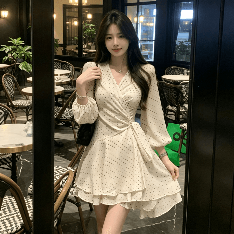 프랑스식 부드러운 바람 도트 무늬 드레스 아이들 가을 새로운 불규칙 작은 대중 허리 수축 V넥 스트랩 짧은 치마 상세 이미지 10