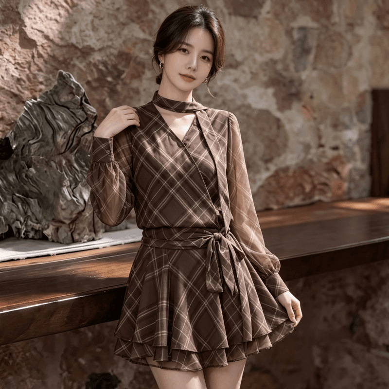 2026 조기 가을 여성 의류 커피 색상 체크무늬 리본 꼬집기 허리 미니 스커트 드레스 레트로 배 종류 몸 버클리 치마 이미지 4