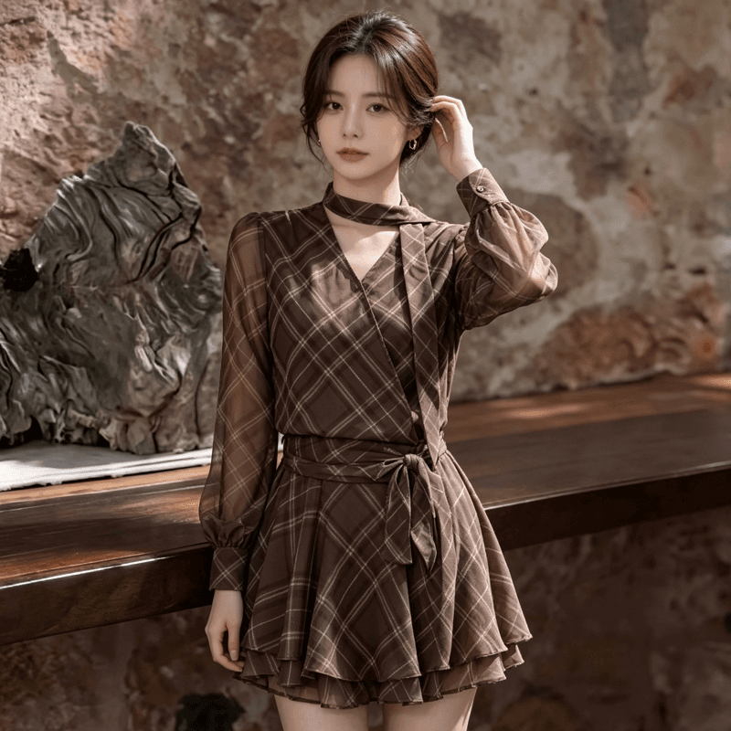 2026 조기 가을 여성 의류 커피 색상 체크무늬 리본 꼬집기 허리 미니 스커트 드레스 레트로 배 종류 몸 버클리 치마 상세 이미지 9