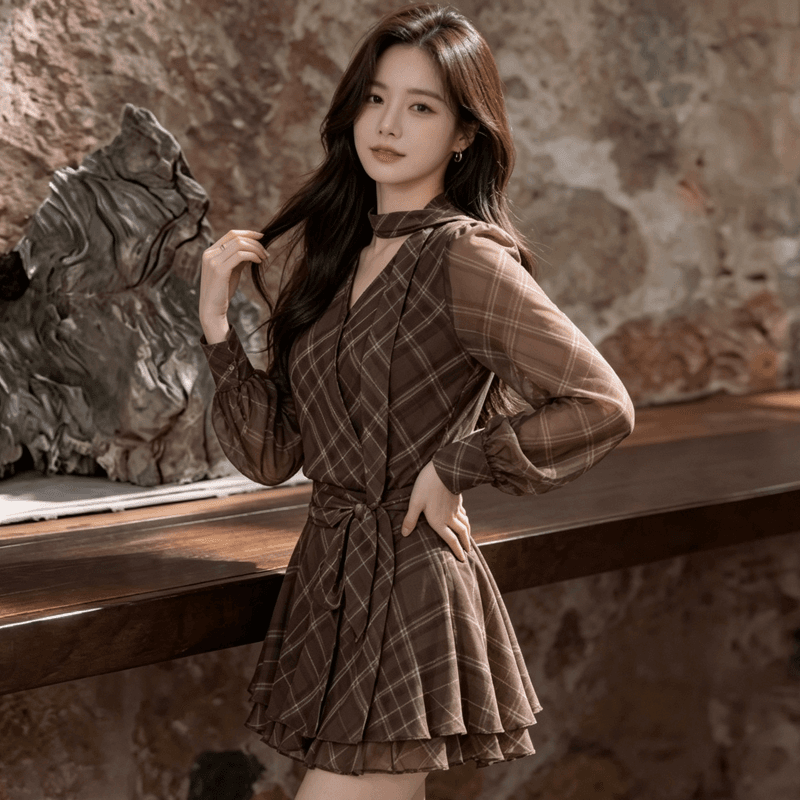 2026 조기 가을 여성 의류 커피 색상 체크무늬 리본 꼬집기 허리 미니 스커트 드레스 레트로 배 종류 몸 버클리 치마 상세 이미지 10