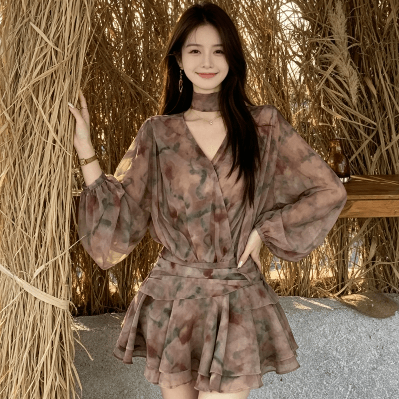 빅 사이즈 여성 의류 지방 mm 레트로 헤일로 염색 꽃무늬 쉬폰 V넥 플리츠 드레스 가을 겨울 새로운 휴가 미니 스커트 여성 상세 이미지 5
