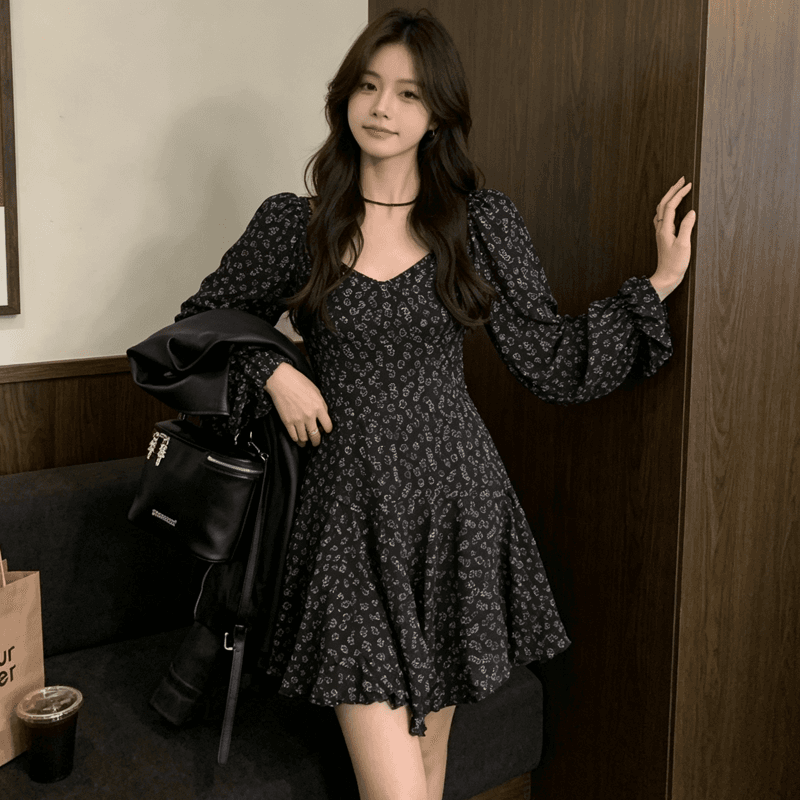 2026 새로운 프랑스식 차 휴식 품격 허리 수축 슬림해 보이는 꽃무늬 여성 드레스 한 가을 작은 키 한 마디 미니 스커트 상세 이미지 7