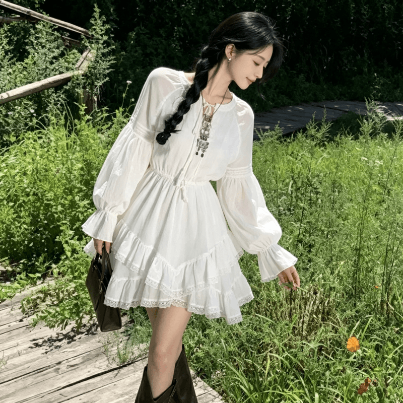 보헤미안 미니 스커트 여성 추안 웨스트 초원 여행 사진 찍기 긴팔 화이트 치마 이국적인 바람 화이트 요정 가스 드레스 상세 이미지 8