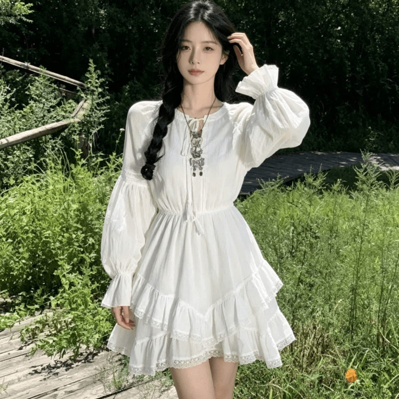 보헤미안 미니 스커트 여성 추안 웨스트 초원 여행 사진 찍기 긴팔 화이트 치마 이국적인 바람 화이트 요정 가스 드레스 상세 이미지 9