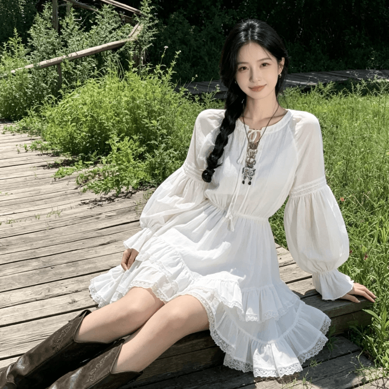 보헤미안 미니 스커트 여성 추안 웨스트 초원 여행 사진 찍기 긴팔 화이트 치마 이국적인 바람 화이트 요정 가스 드레스 상세 이미지 14