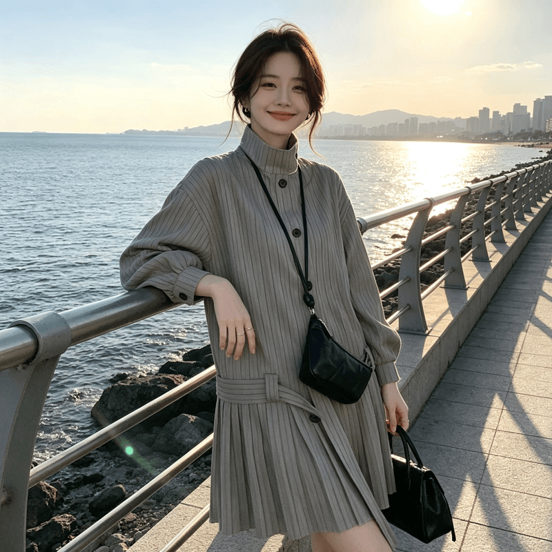 슈퍼 화재 학원 스타일 자이언트 잘 생긴 스트라이프 바람 드레스 여성 봄 가을 새로운 허리 수축 슬림해 보이는 작은 키 품격 드레스 상세 이미지 2